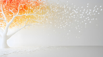 Poster - A vibrant tree with orange and yellow leaves transitions into a scattering of white petals against a light background