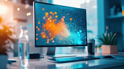 Poster - Modern desktop computer sits on a clean white desk, displaying a vibrant and colorful abstract design, suggesting a creative or technology focused workspace in a home office environment