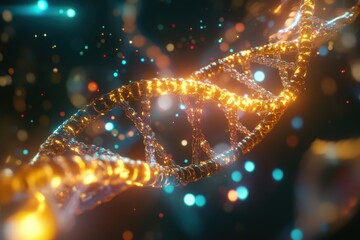 Poster - Detailed view of glowing DNA strand with colorful molecular background