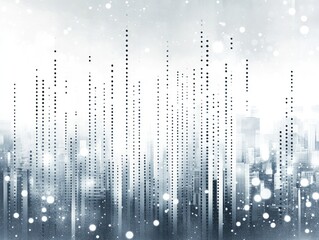 Poster - Abstract illustration of a cityscape with vertical lines and bokeh effects. The artwork features a cool color palette and evokes a sense of modern urban design