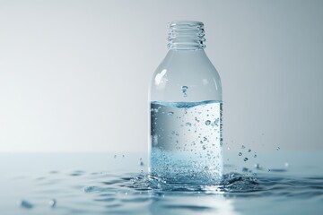 Poster - Water bottle surrounded by splashes on a smooth surface in soft light
