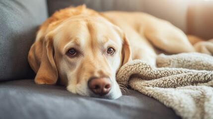 Aufkleber - Relaxed dog lying on a cozy couch with a soft blanket in warm daylight setting Generative AI