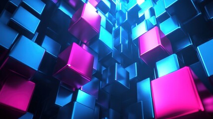 Poster - Abstract composition of illuminated cubes in shades of blue and pink creating a dynamic futuristic background pattern