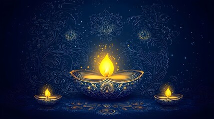 Poster - Festive and Diwali Lamp Composition Showcasing Beautifully Hand Drawn Golden Lamps Delicately Illuminated Against a Dark Blue Background with a Traditional Yet Modern Aesthetic