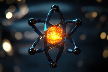 Poster - Model of an atom with glowing nucleus and orbiting electrons in a digital representation