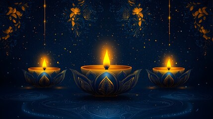Poster - Elegant Diwali Diya Lamps Softly Illuminating Spiritual Atmosphere   Hand drawn golden lamps with intricate details against a dark blue background creating a warm and festive