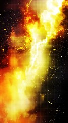 Poster - Abstract digital art of bright light explosion in the dark with grid lines and sparks. Vibrant colors and textured background convey energetic force
