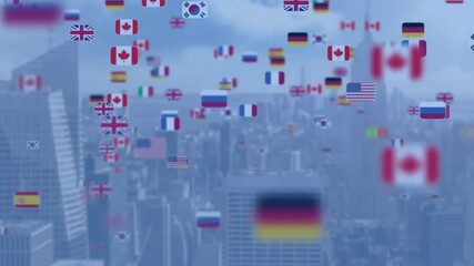 Poster - Cityscape with animation of flags symbolizing global connections and unity