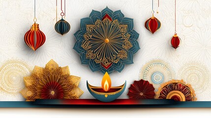 Poster - Vibrant Diwali Holiday Design with Symmetrical Paper Cut Rangoli Artwork Blending Tradition and Modern Elegance for a Joyful Celebratory Composition
