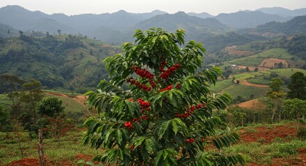 Fototapete - Lush coffee tree with ripe red cherries in a mountainous landscape at dusk