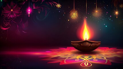 Fototapete - A beautifully composed Diwali festival scene highlighting a finely detailed paper cut Indian Rangoli design set against a vibrant