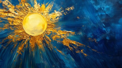 sun, low-angle, blue solid background, bright, golden sun near the horizon, casting long rays and de