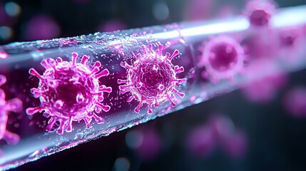 Poster - Microscopic view of pink glowing virus particles in glass tube with detailed protein spikes and molecular structure against dark background for medical research visualization.