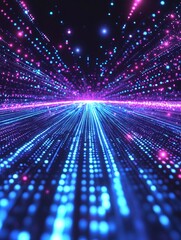 Poster - Abstract digital data stream with vibrant blue and pink particles on a dark background suggesting network pathways and technological advancement