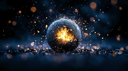 Poster - Magical glowing sphere with exploding light effect on dark background with bokeh particles and sparkling illumination. Creative fantasy concept.