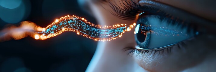 Poster - Macro shot of female eye with glowing magical light trail effect in blue and orange colors, showcasing technology and innovation concept in beauty industry.