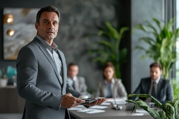 Poster - Professional man leading a business meeting in a modern office setting