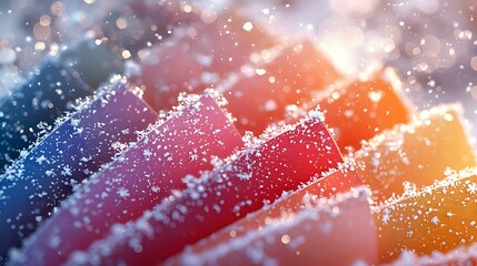 Poster - Vibrant rainbow gradient stripes covered in sparkling frost crystals and snow creating magical winter wonderland effect with bokeh lights and dreamy atmosphere.