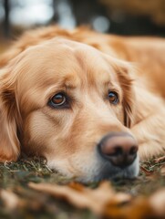 Poster - Golden retriever resting on the ground surrounded by autumn leaves in a park setting Generative AI
