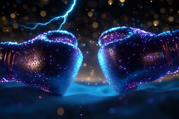 Poster - Glowing blue hearts with electric lightning effect and sparkles against dark background, magical romantic concept for Valentine's day and anniversary designs.