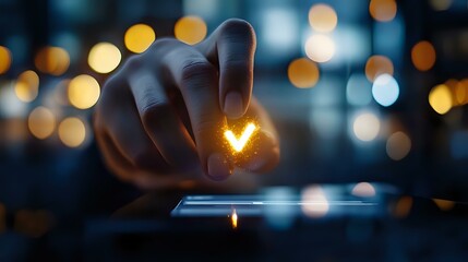 Poster - Hand touching glowing heart shape on digital screen with bokeh lights in dark background, creating magical atmosphere of love and technology connection.