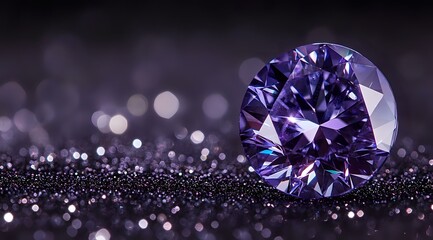 Poster - Purple brilliant cut diamond on dark glittering surface with bokeh effect background creates luxury jewelry atmosphere. Precious gemstone macro photography.