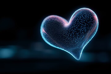 Poster - Glowing heart shape formed by luminous particles with blue and pink neon edges against dark background, creating romantic atmospheric effect.