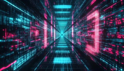 Poster - Abstract digital tunnel with neon blue and pink lights. Futuristic data stream visualization with binary code and geometric patterns