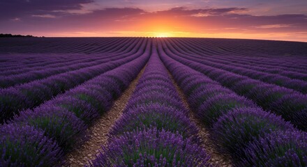 Fototapete - Serene Lavender Field at Sunset with Vibrant Colors and Tranquil Atmosphere