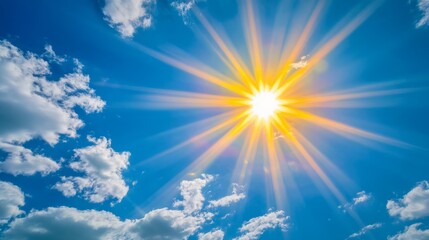 sun, low-angle, blue solid background, bright, golden sun near the horizon, casting long rays and de