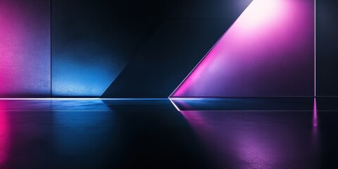 Poster - Dynamic abstract background with triangles and neon lights reflecting off a sleek surface for modern design projects and creative concepts
