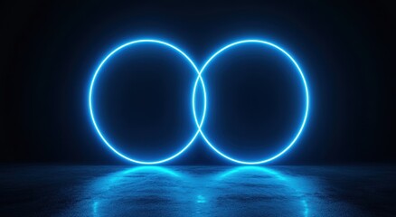 Poster - Dual Glowing Neon Circles Over a Dark Surface Illuminating a Futuristic Space with Reflective Effects and Atmosphere in a Digital Art Style