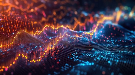 Poster - abstract digital visualization of vibrant data waves, showcasing intricate patterns in blue and oran