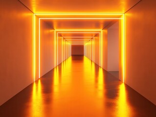 Poster - futuristic corridor with glowing orange neon lights and polished floor, modern architectural design 