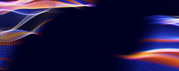 Poster - Abstract wave of particles. Big data digital flow concept. LLM learning process, AI technology. Quantum computing. 3d render illustration with central place for text