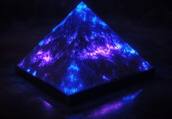 Poster - Futuristic Glowing Pyramid with Cosmic Patterns and Vibrant Blue and Purple Lights Against a Dark Background for Abstract Themes