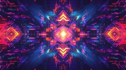 Poster - Abstract geometric pattern with symmetrical design featuring a central light source and vibrant color gradients