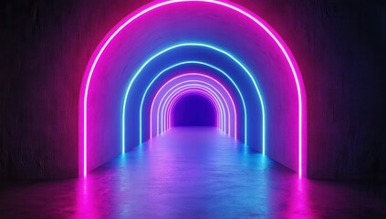 Poster - Futuristic illuminated tunnel with vibrant pink and blue neon lights creating an abstract backdrop for technology and design concepts