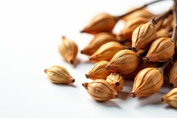 Wall Mural - Dried and rustling seed pods on white background, seed pods, texture, rustic