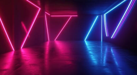 Poster - Futuristic interior with vibrant neon lights in pink and blue colors casting reflections on slick floor in a dark abstract space