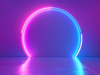 Poster - Futuristic Neon Circle with Purple and Blue Glow on a Reflective Floor in a Minimalist Setting for Creative Backgrounds and Visual Projects