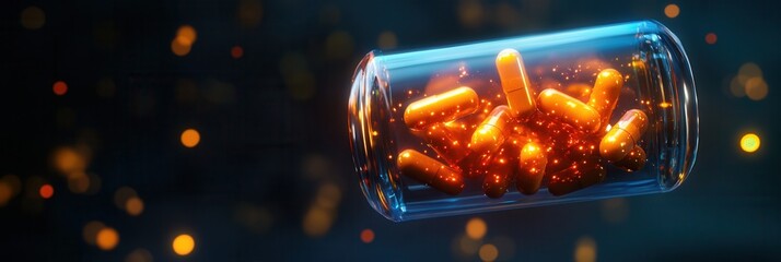 Aufkleber - Futuristic transparent pill bottle with glowing capsules in a cyberpunk setting showcasing high tech design Generative AI
