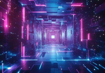 Poster - Futuristic neon hallway with glowing lights and digital reflections creating a mesmerizing, immersive tunnel experience for technology enthusiasts and science fiction fans