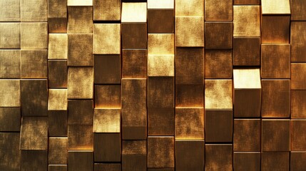 Poster - Abstract pattern of golden cubes with varied textures creating a textured three-dimensional wall