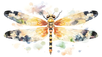 Poster - Beautifully hand painted minimal dragonfly with vibrant colors and delicate watercolor textures floating gracefully against a clean white background perfect for botanical nature themed