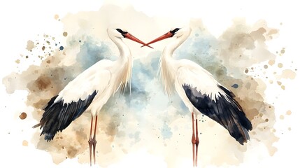 Poster - Two sophisticated storks captured in an watercolor composition their poised stance complemented by a rich blend of colors in the background symbolizing grace and serenity