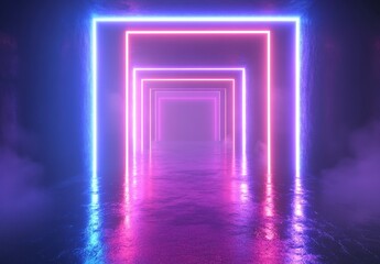 Poster - Futuristic Neon Light Tunnel with Glowing Rectangles in Dark Space Creating a Surreal and Dreamlike Atmosphere for Modern Design Projects