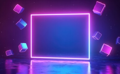 Poster - Futuristic Neon Lights Abstract Display with Floating Geometric Shapes in Vibrant Colors for Modern Digital Backgrounds and Creative Projects