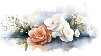 Aufkleber - A serene and elegant floral painting featuring an enchanting mix of orchids and roses their delicate petals arranged in a natural and visually captivating way enhanced by a soft color palette