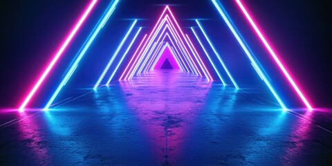 Poster - Futuristic Neon Triangular Pathway with Vibrant Blue and Pink Lights Illuminating a Dark Corridor in an Artistic Setting